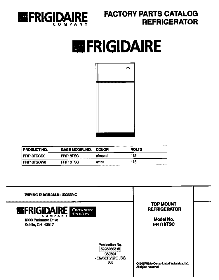 COVER Diagram and Parts List for FRT18TSCD0  Frigidaire Refrigerator