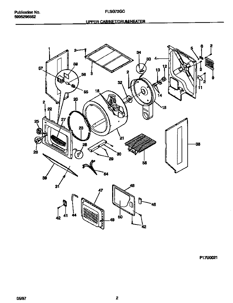 UPPER CABINET / DRUM / HEATER Diagram and Parts List for FLSG72GCS5  Frigidaire Washer Dryer Combo