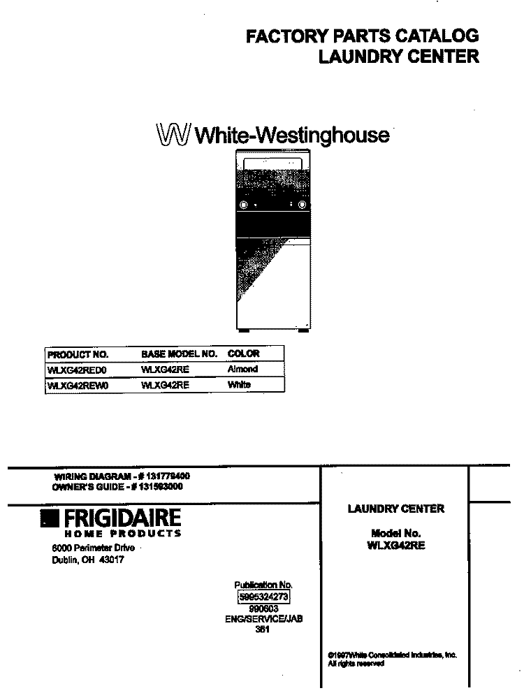 COVER Diagram and Parts List for WLXG42RED0  Frigidaire Washer Dryer Combo