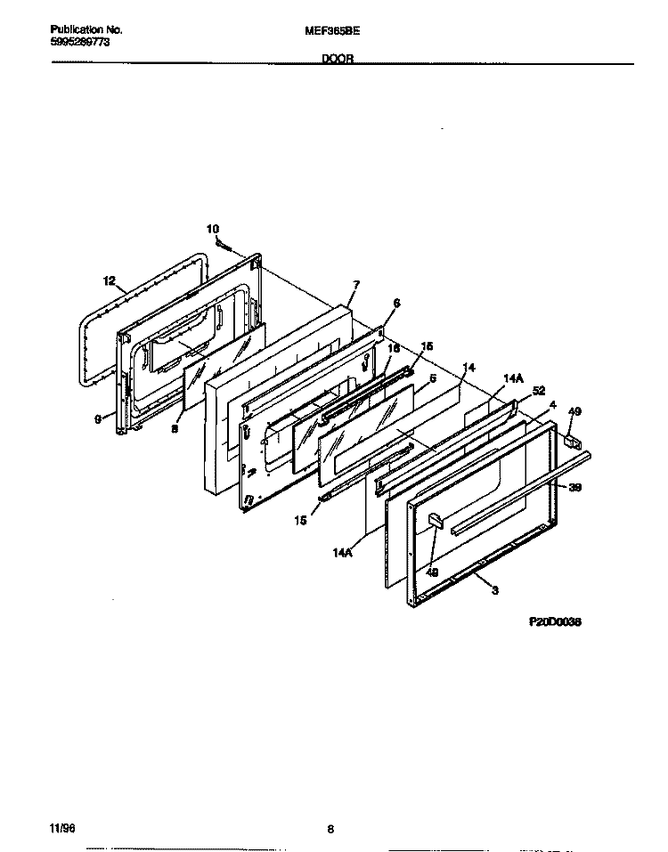 DOOR Diagram and Parts List for MEF365BEDA  Frigidaire Range