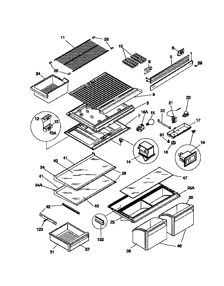 SHELVES, CONTROLS Diagram and Parts List for WRT21NRCD0  Frigidaire Refrigerator