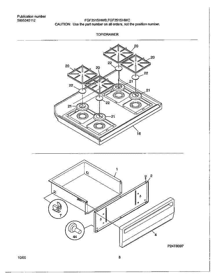 TOP / DRAWER Diagram and Parts List for TGF351SHWC  Tappan Range