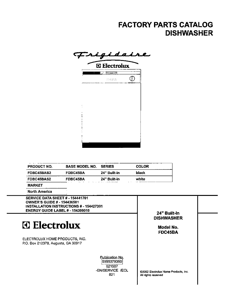 COVER Diagram and Parts List for FDBC45BAS2  Frigidaire Dishwasher
