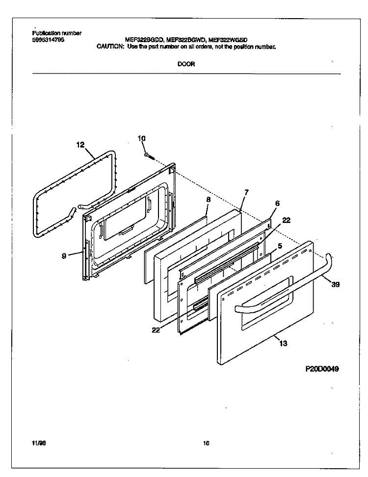 DOOR Diagram and Parts List for MEF322WGSD  Frigidaire Range