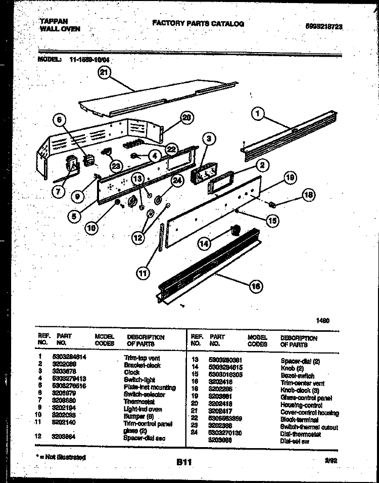 CONTROL PANEL Diagram and Parts List for 11-1559-00-04  Tappan Wall Oven
