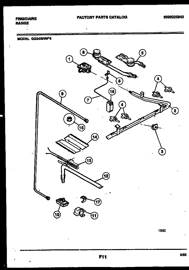 BURNER, MANIFOLD AND GAS CONTROL Diagram and Parts List for GG34BNL4  Frigidaire Range