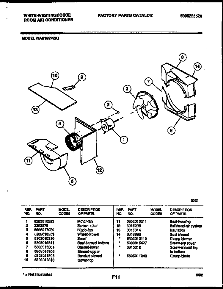 AIR HANDLING PARTS Diagram and Parts List for WAS189P2K1  Frigidaire Air Conditioner