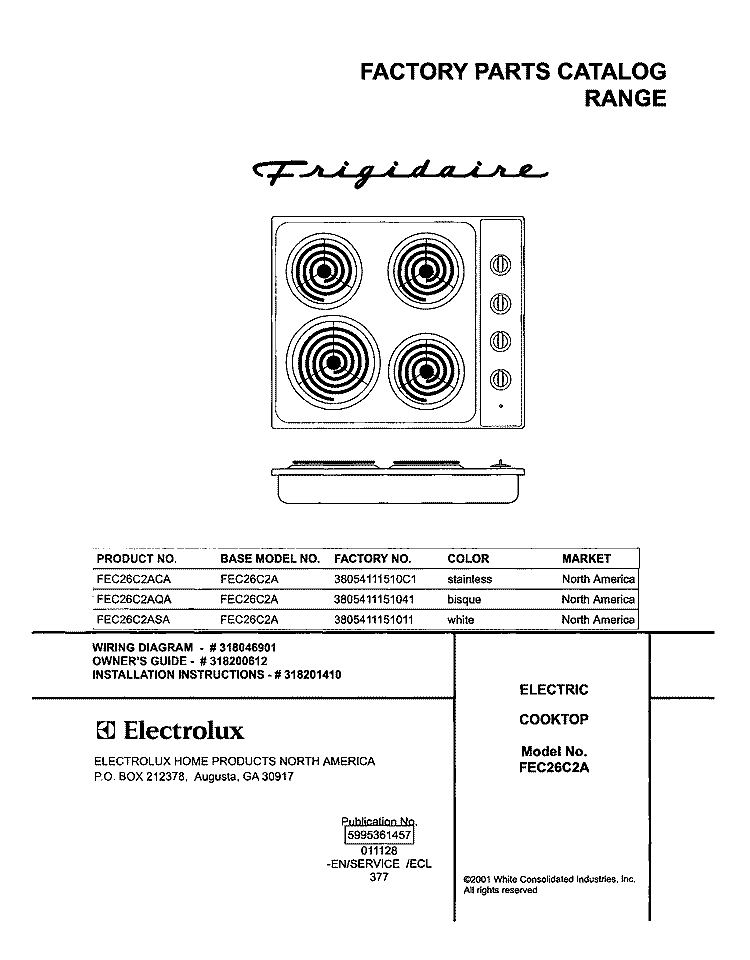 COVER Diagram and Parts List for FEC26C2ASA  Frigidaire Cooktop