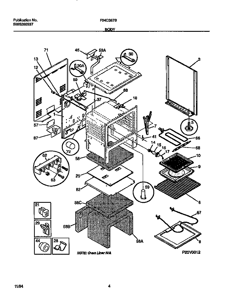 BODY Diagram and Parts List for F04C367BTA  Frigidaire Range