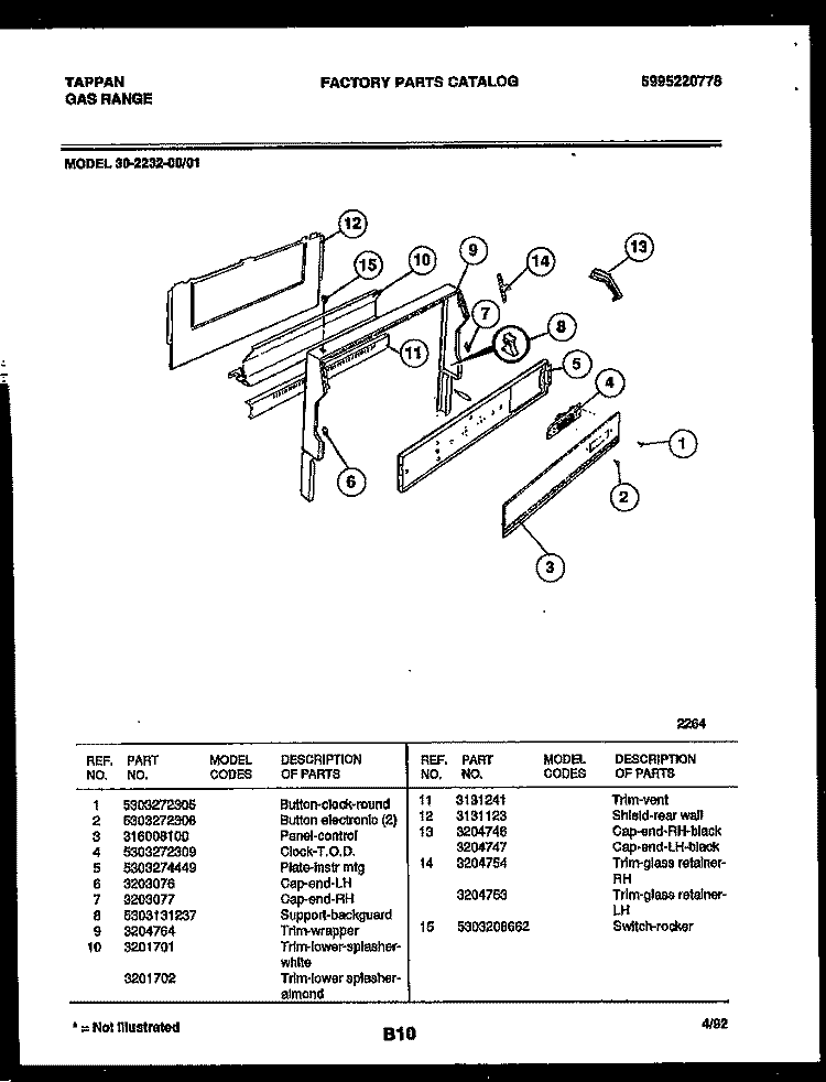 BACKGUARD Diagram and Parts List for 30-2232-00-01  Tappan Range