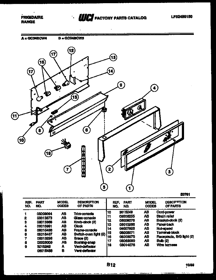 CONTROL PANEL Diagram and Parts List for GC34BCL4  Frigidaire Range