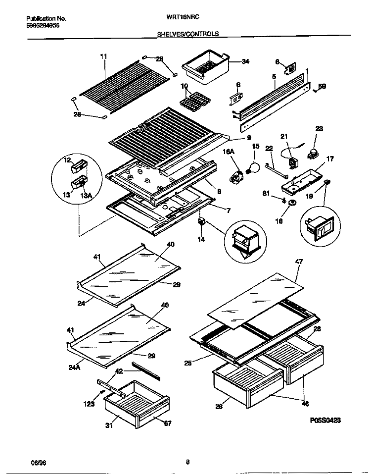 SHELVES / CONTROLS Diagram and Parts List for WRT18NRCW1  Frigidaire Refrigerator