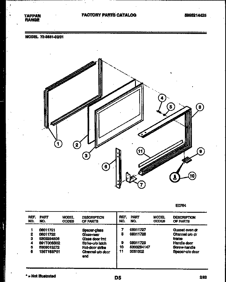 UPPER OVEN DOOR PARTS Diagram and Parts List for 72-3651-23-01  Tappan Range