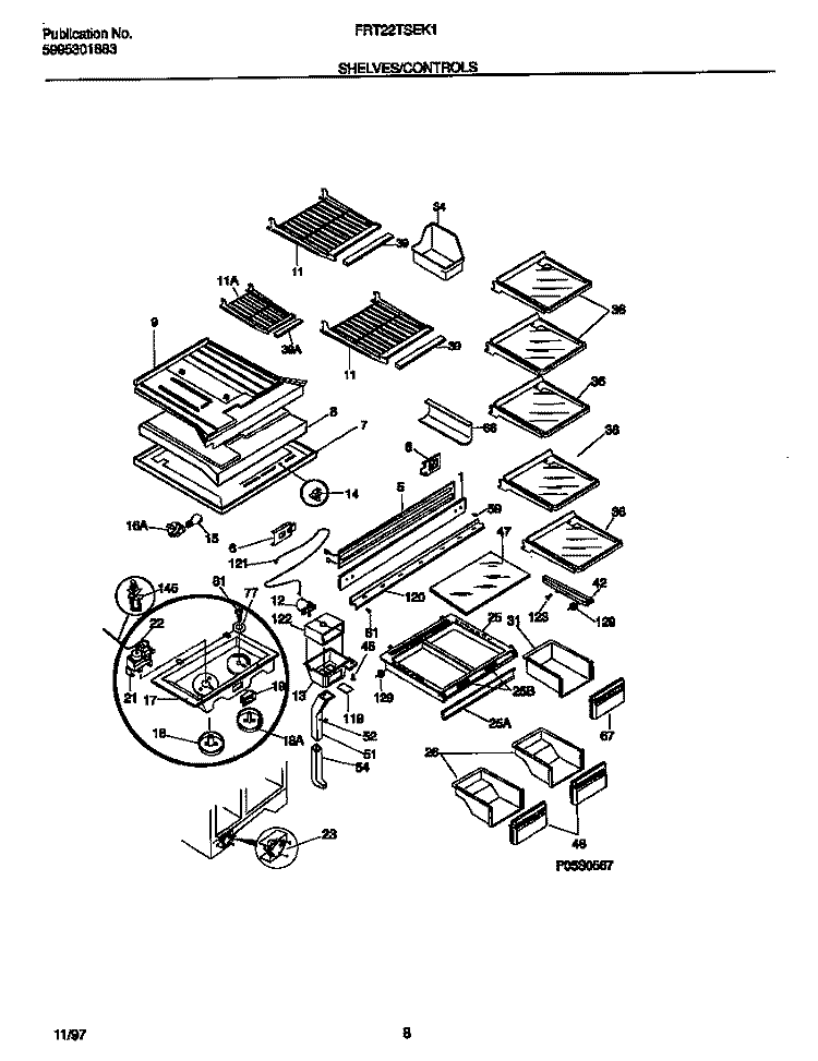 SHELVES / CONTROLS Diagram and Parts List for FRT22TSEK1  Frigidaire Refrigerator