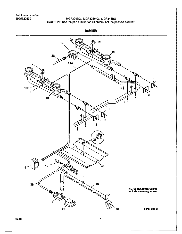 BURNER Diagram and Parts List for MGF324BGDB  Frigidaire Range