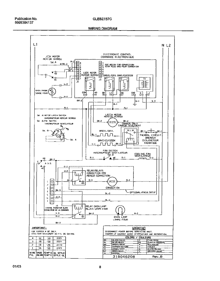 WIRING DIAGRAM Diagram and Parts List for GLEB27S7CBA  Frigidaire Wall Oven