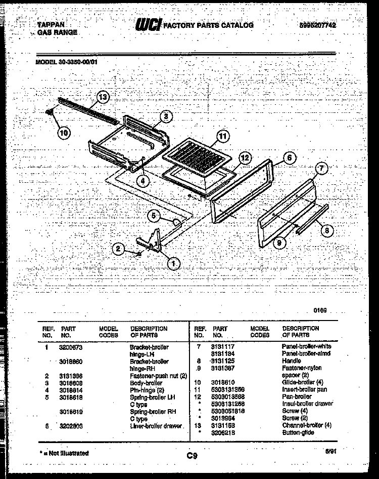 BROILER DRAWER PARTS Diagram and Parts List for 30-3350-23-01  Tappan Range