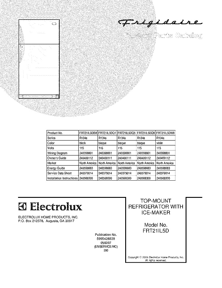 COVER Diagram and Parts List for FRT21IL5DB8  Frigidaire Refrigerator