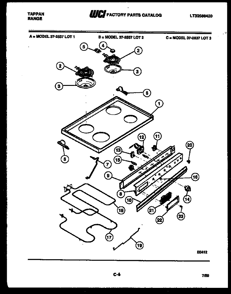 COOKTOP, BROILER AND CONTROL PARTS Diagram and Parts List for 37-2537-23-01  Tappan Range
