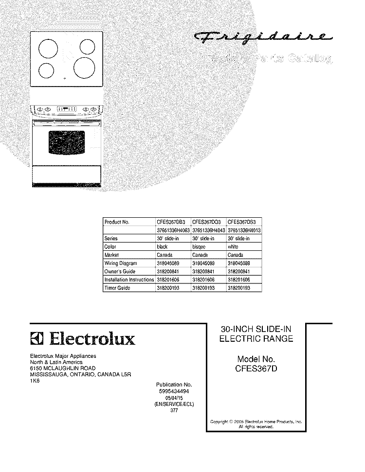 COVER Diagram and Parts List for CFES367DB3  Frigidaire Wall Oven