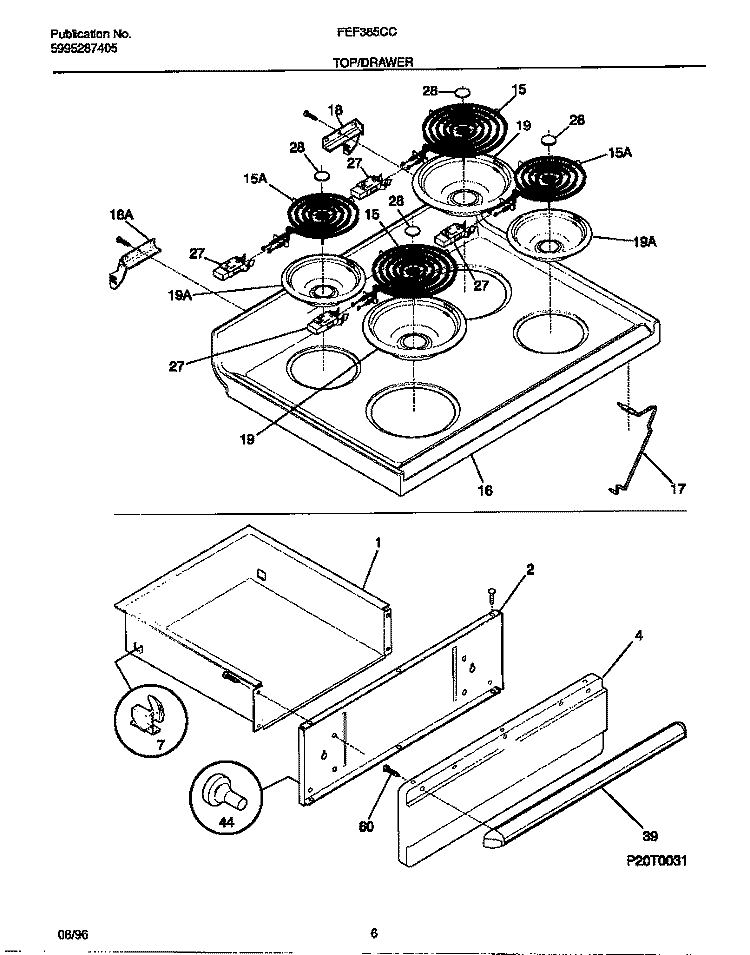 TOP / DRAWER Diagram and Parts List for FEF385CCTE  Frigidaire Range