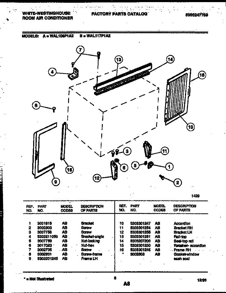 CABINET AND INSTALLATION PARTS Diagram and Parts List for WAL117P1A2  Frigidaire Air Conditioner