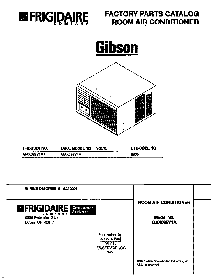 COVER Diagram and Parts List for GAX098Y1A1  Gibson Air Conditioner