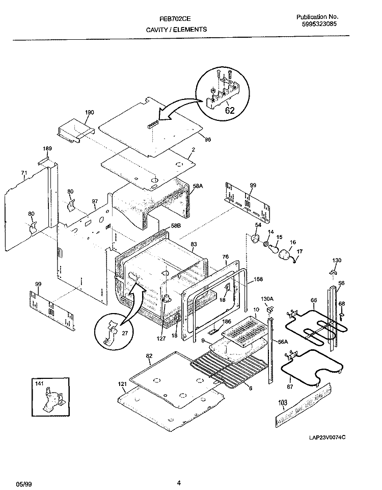 CAVITY / ELEMENTS Diagram and Parts List for FEB702CEBH  Frigidaire Wall Oven