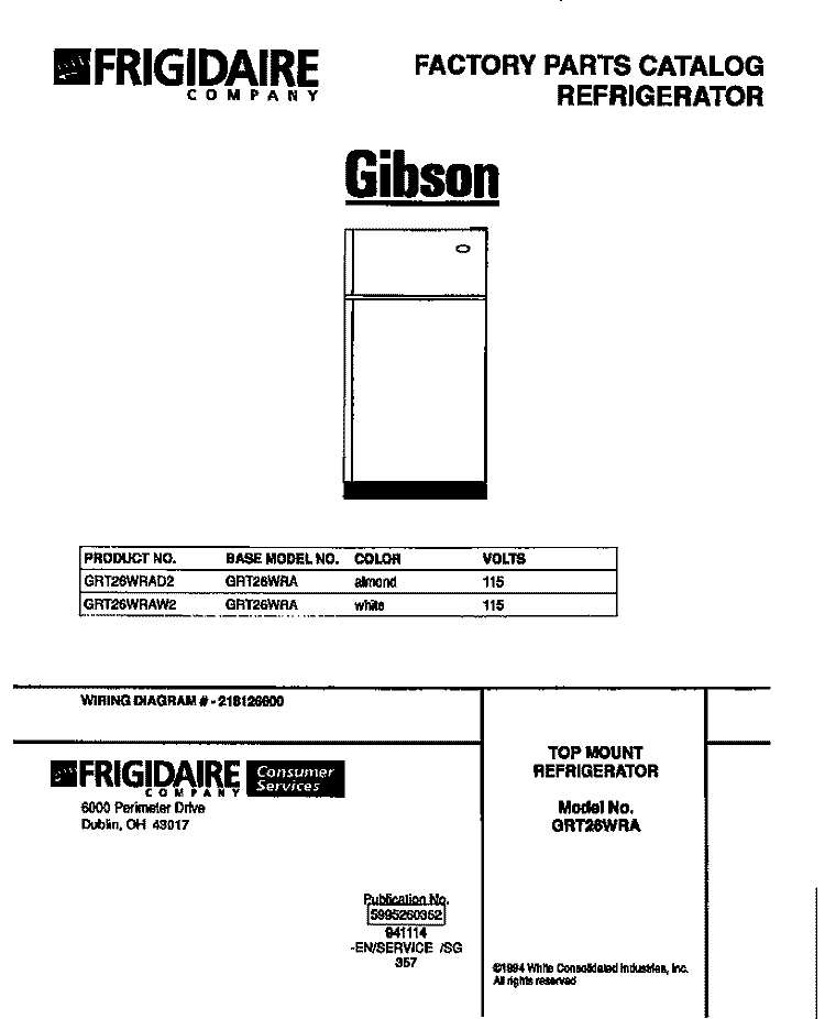 TOP MOUNT REFRIGERATOR Diagram and Parts List for GRT26WRAD2  Gibson Refrigerator