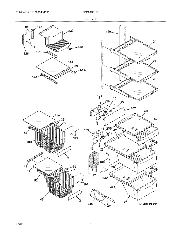 SHELVES Diagram and Parts List for FSC23BBDSB0  Frigidaire Refrigerator