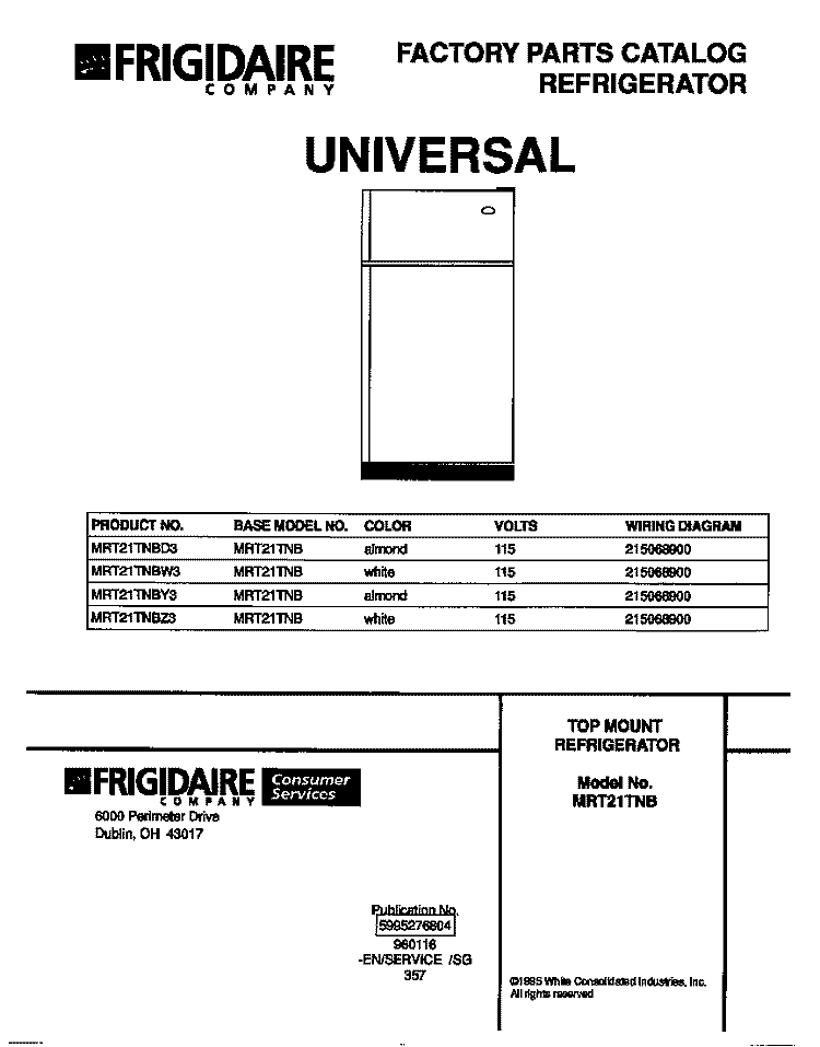 COVER Diagram and Parts List for MRT21TNBD3  Frigidaire Refrigerator
