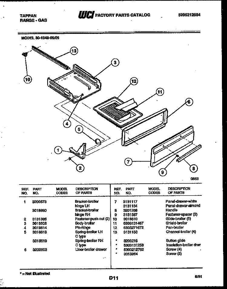 BROILER DRAWER PARTS Diagram and Parts List for 30-1049-23-05  Tappan Range