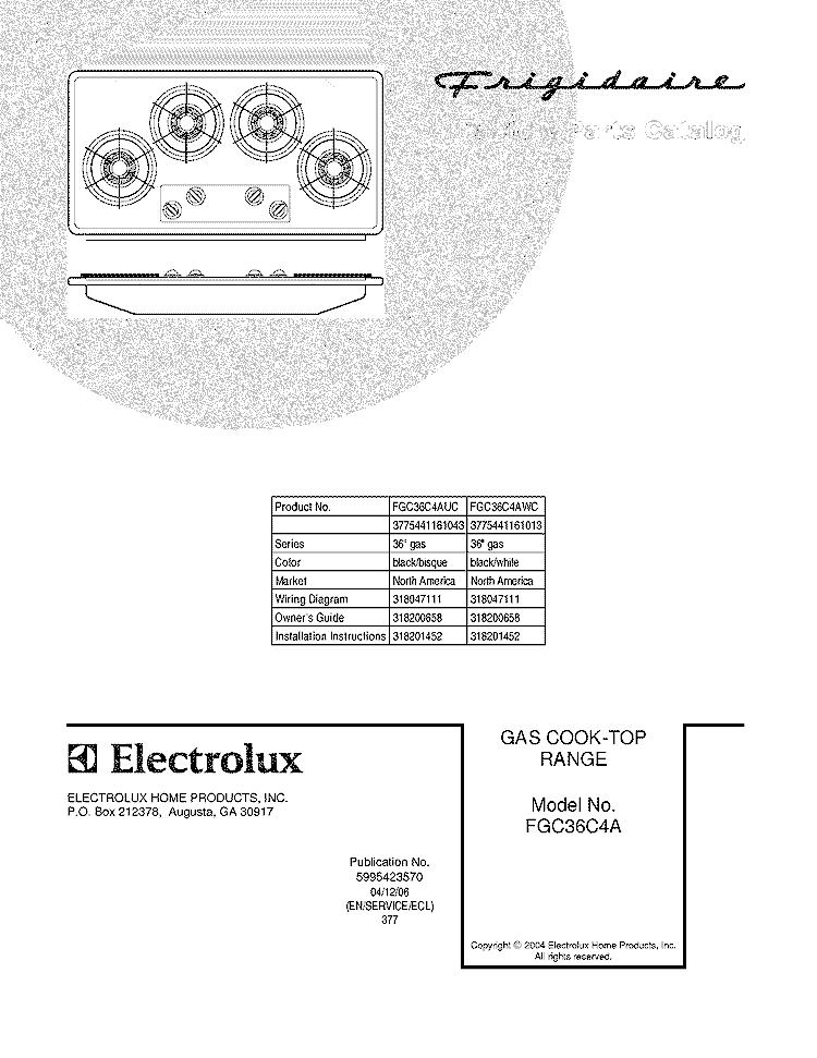 COVER Diagram and Parts List for FGC36C4AUC  Frigidaire Cooktop