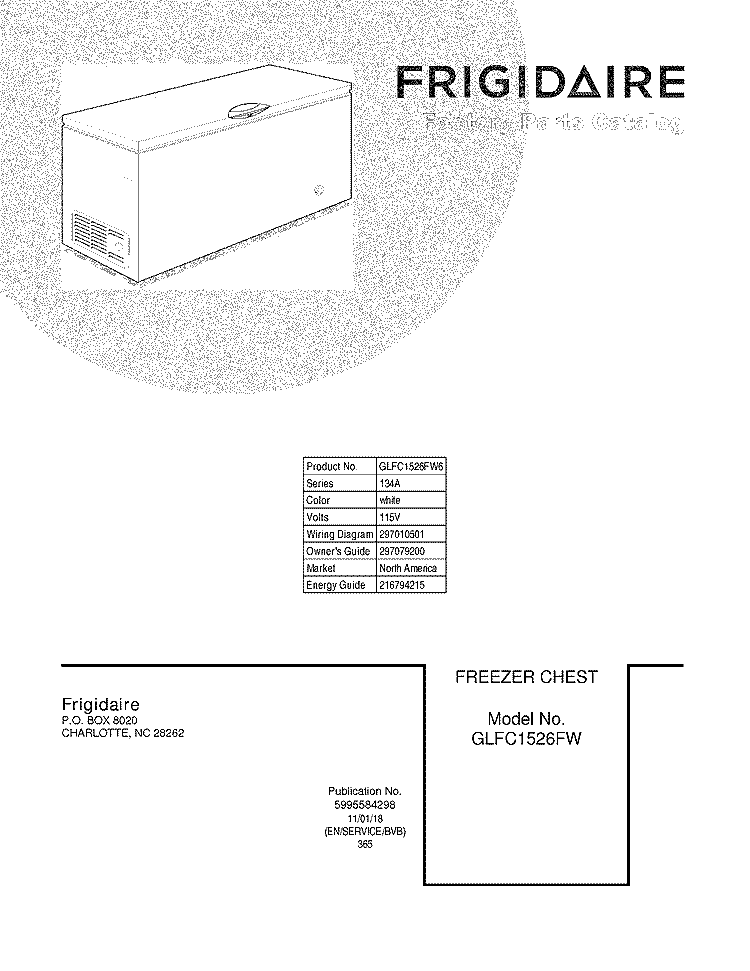 COVER Diagram and Parts List for GLFC1526FW6  Frigidaire Freezer
