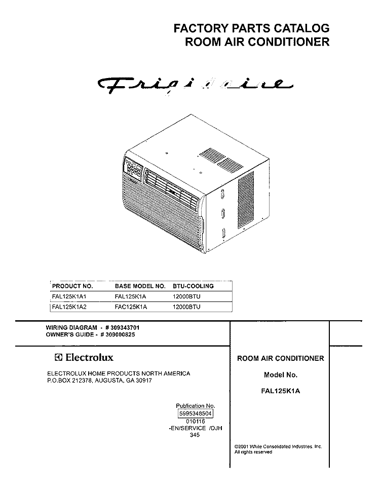 COVER Diagram and Parts List for FAL125K1A2  Frigidaire Air Conditioner