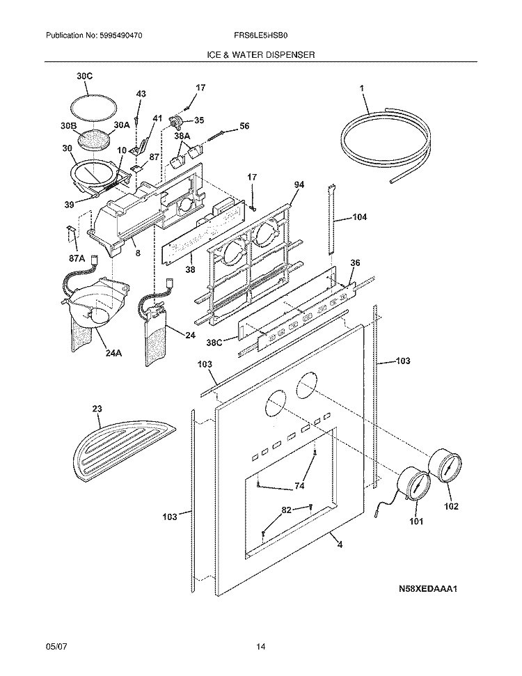 ICE & WATER DISPENSER Diagram and Parts List for FRS6LE5HSB0  Frigidaire Refrigerator