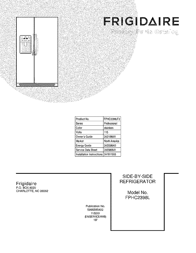 COVER Diagram and Parts List for FPHC2398LF2  Frigidaire Refrigerator