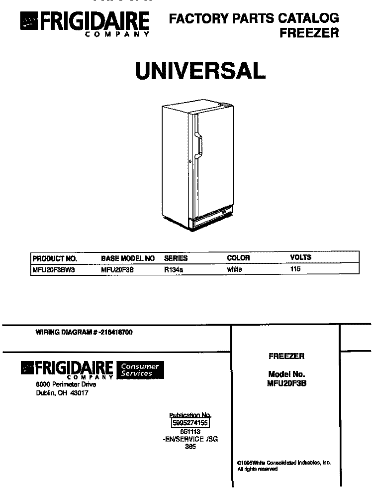 COVER Diagram and Parts List for MFU20F3BW3  Frigidaire Freezer