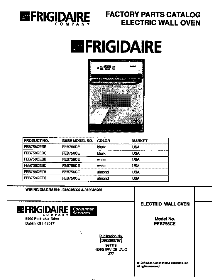 COVER Diagram and Parts List for FEB756CETB  Frigidaire Wall Oven