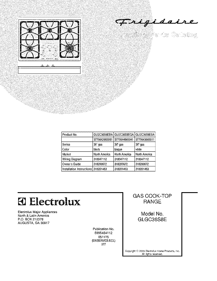 COVER Diagram and Parts List for GLGC36S8EQA  Frigidaire Cooktop