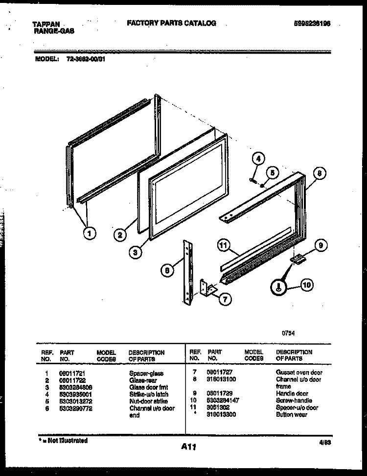 UPPER OVEN DOOR PARTS Diagram and Parts List for 72-3662-23-01  Tappan Range