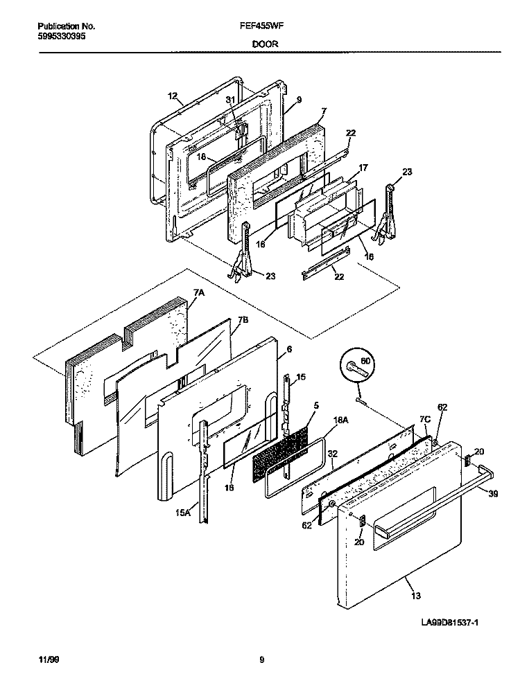DOOR Diagram and Parts List for FEF455WFBE  Frigidaire Range