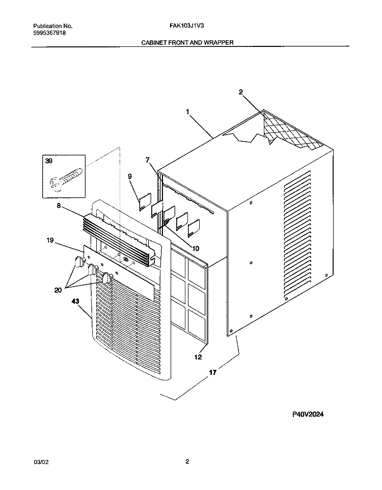 CABINET FRONT AND WRAPPER Diagram and Parts List for FAK103J1V3  Frigidaire Air Conditioner