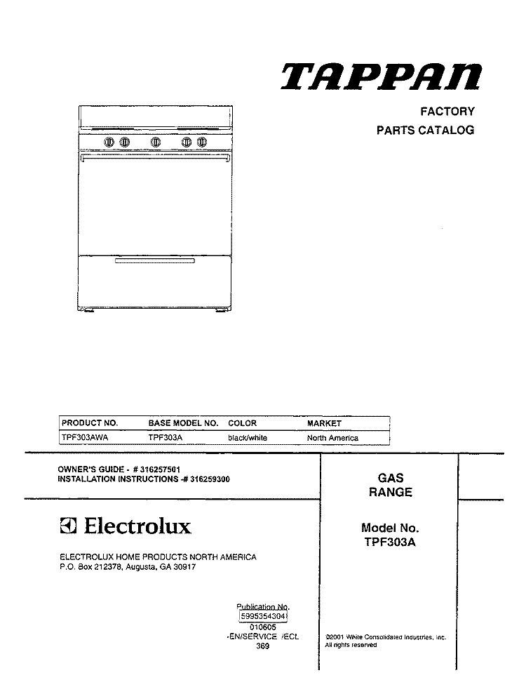 COVER Diagram and Parts List for TPF303AWA  Tappan Range