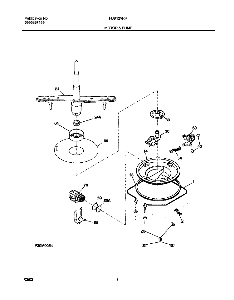 MOTOR & PUMP Diagram and Parts List for FDB125RHD3  Frigidaire Dishwasher