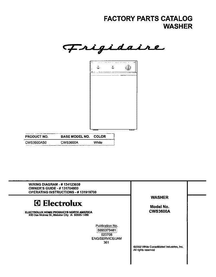 COVER Diagram and Parts List for CWS3600AS0  Frigidaire Washer