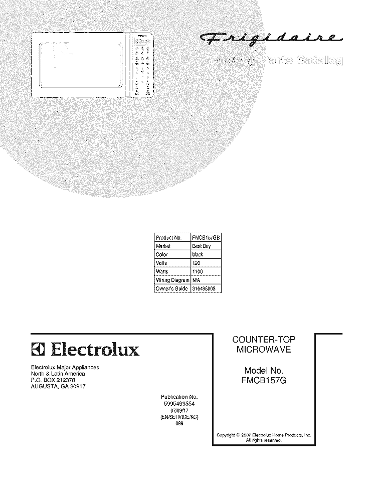 COVER Diagram and Parts List for FMCB157GB  Frigidaire Microwave