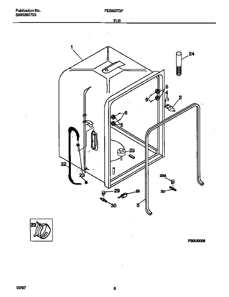 TUB Diagram and Parts List for FDB837GFR0  Frigidaire Dishwasher