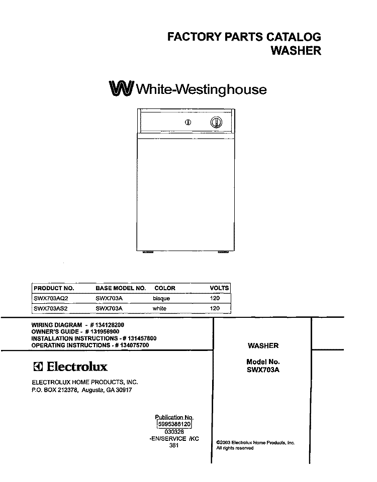 COVER Diagram and Parts List for SWX703AS2  Westinghouse Washer