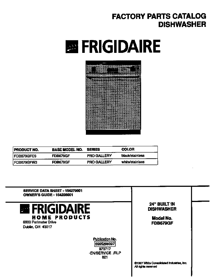 COVER Diagram and Parts List for FDB679GFW3  Frigidaire Dishwasher